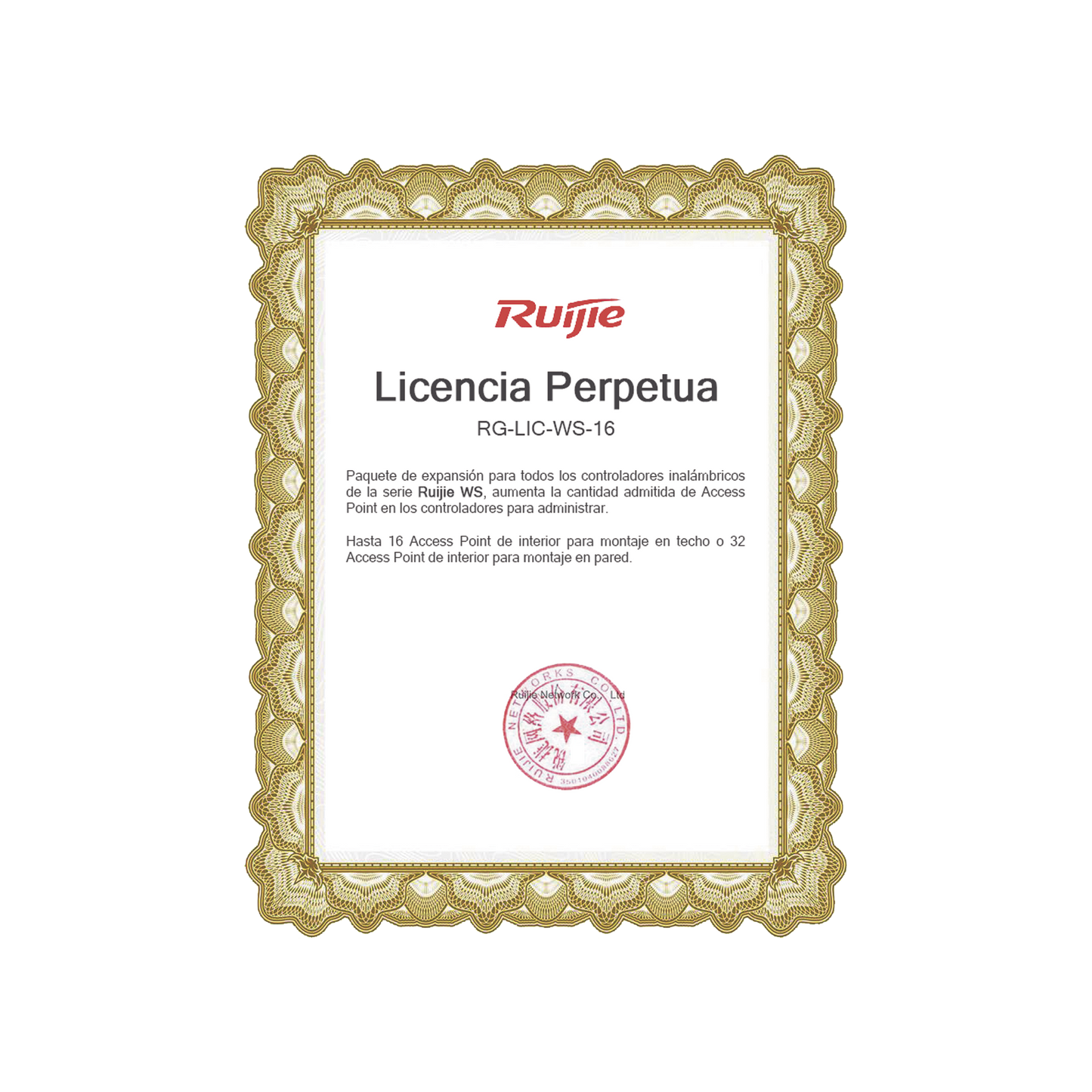 Paquete de expansión para controladores inalámbricos serie Ruijie WS hasta 16 APs interior en techo o 32 APs interior montaje en pared.