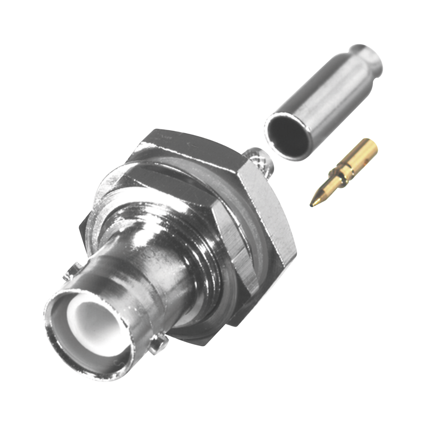 Conector BNC Hembra Inverso de Montaje Trasero en Panel, D-Plano, Hermético de Anillo Plegable para RG-174/U, NÃquel/ Oro/ Teflón.