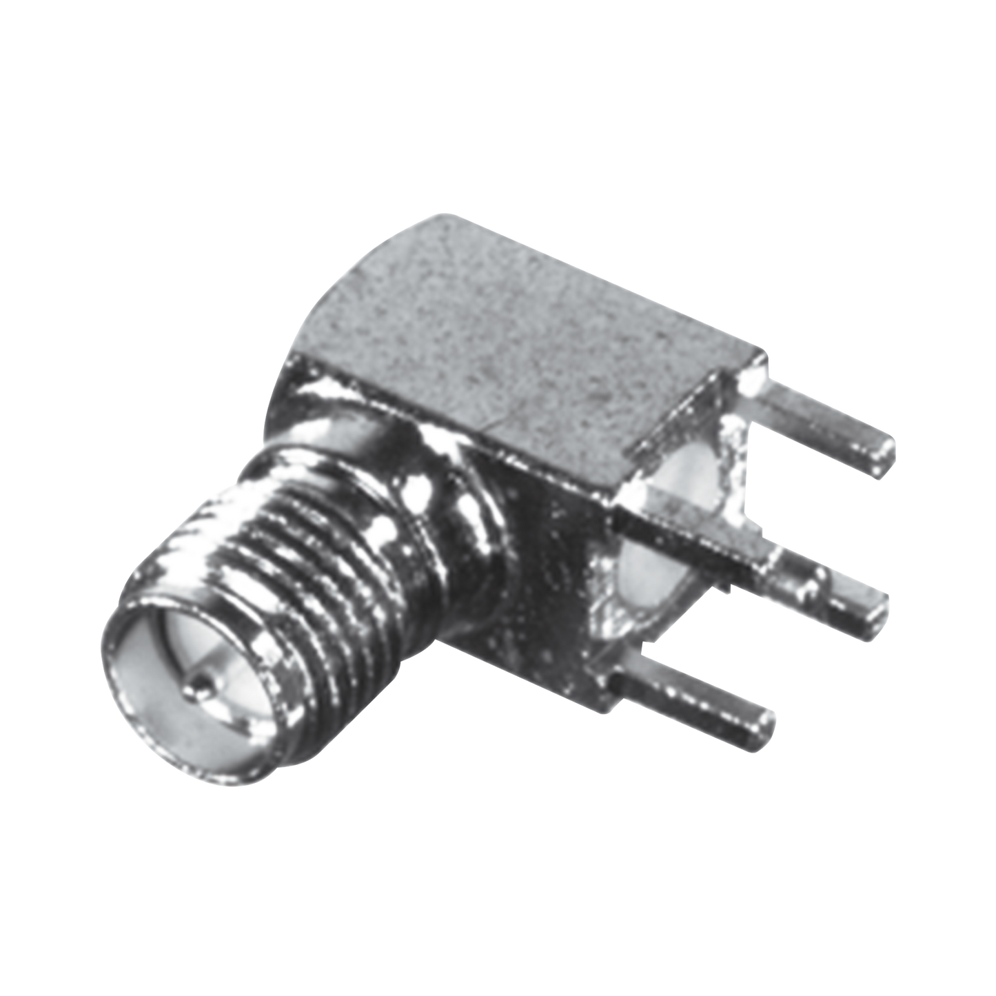 Conector SMA Hembra Inverso en Ãngulo Recto con PIN Terminal y 4 Patas para Montaje PCB Coaxial, Oro/ Oro/ Teflón.