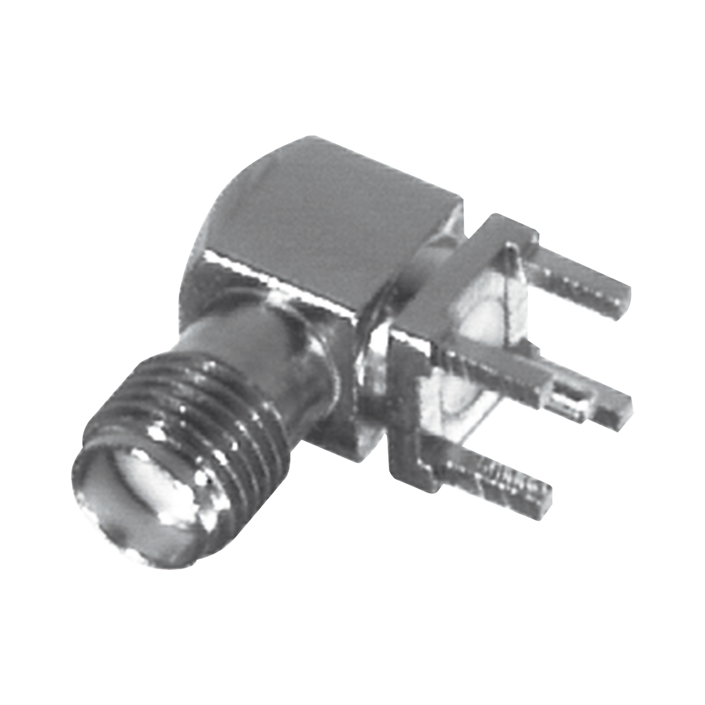 Conector SMA Hembra en Ãngulo Recto con Terminal y 4 Patas para Montaje PCB, NÃquel/ Oro/ Teflón.?