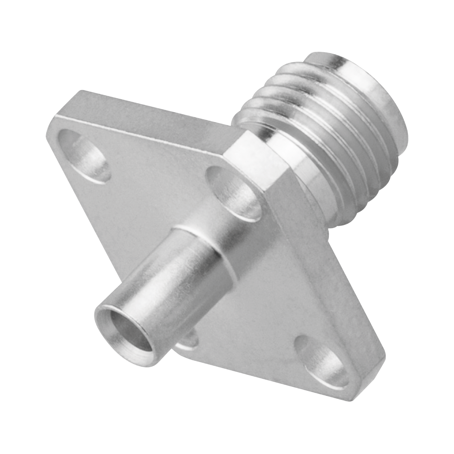 Conector SMA Hembra, 4 Hoyos en Panel de 13 mm, Soldable en Cable Semi-RÃgido de 0.047" Diámetro, Grupo SR0, SS-Oro/ Oro/ Teflón.