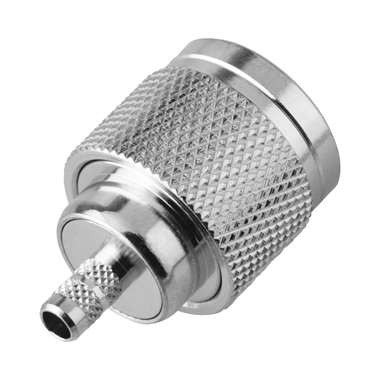 Conector N Macho de Rosca Izquierda, Anillo Plegable para Cable RG-58/U, Grupo C, NÃquel/ Oro/ Teflón.