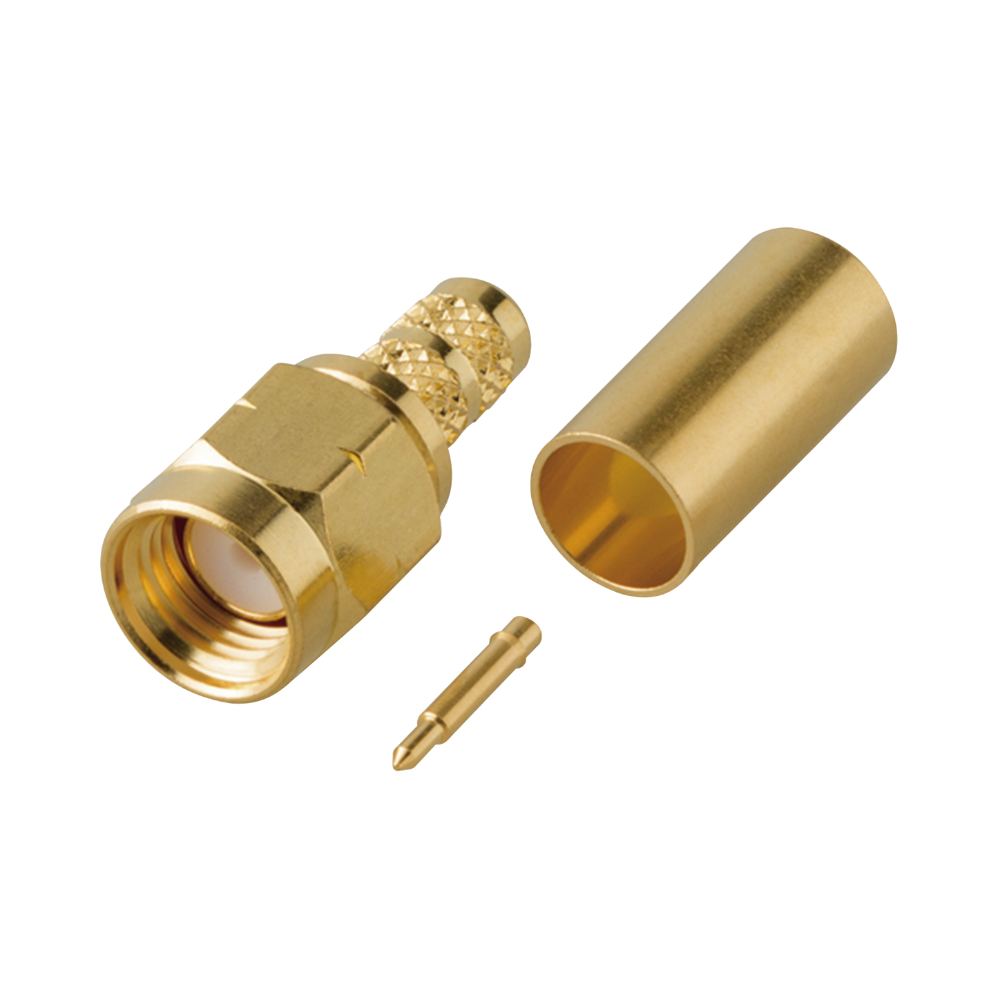 Conector SMA Macho en lÃnea tipo Rosca Izquierda, de Anillo Plegable para Cable RG-142/U y Grupo C1, Oro/ Oro/ Teflón.
