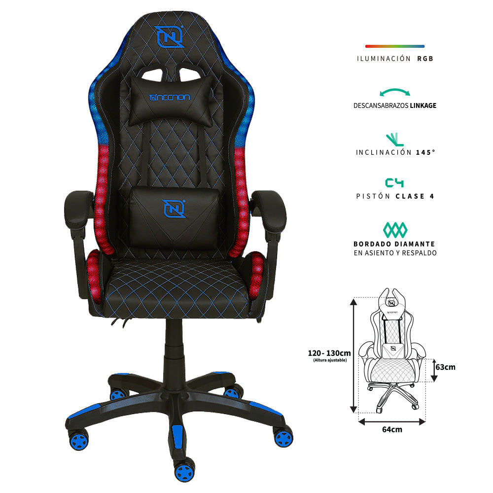 SILLA GAMER RGB INCLINACION RESPALDO 145 CLASE 4 140-150KG NSG-RGB1 FOAM 350MM 63CM*64CM*121-131CM COJIN LUMBAR Y CABEZA NEGRO/AZUL