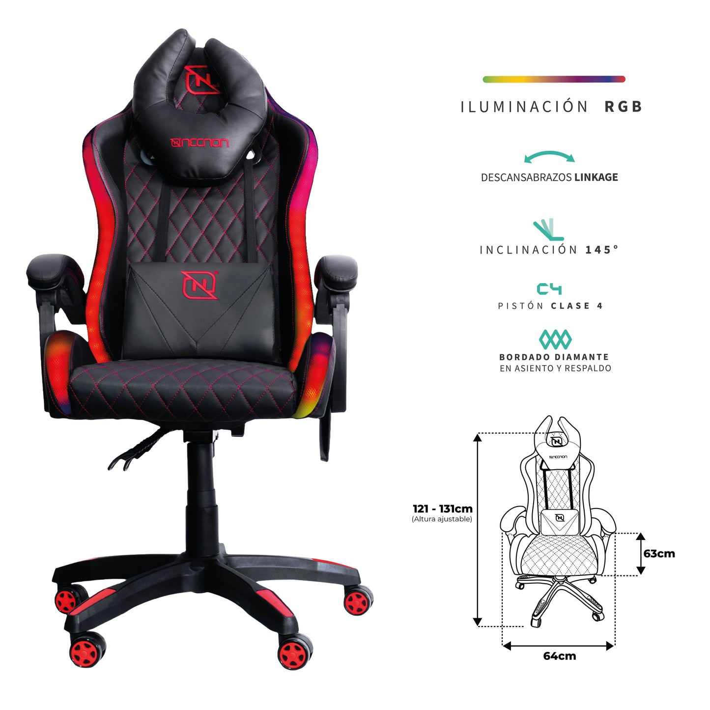 SILLA GAMER RGB INCLINACION RESPALDO 145 CLASE 4 140-150KG NSG-RGB1 FOAM 350MM 63CM*64CM*121-131CM COJIN LUMBAR Y CABEZA NEGRO/ROJO
