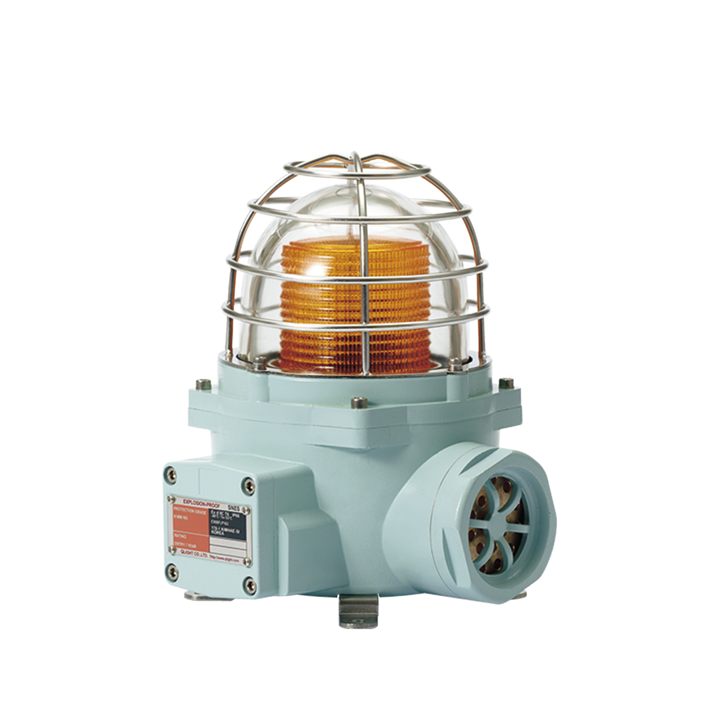 Luz LED color Ãmbar de advertencia con patrón de destello flasheante/fijo para zonas peligrosas con buzzer incluido a 105 dB. de 24 VCD