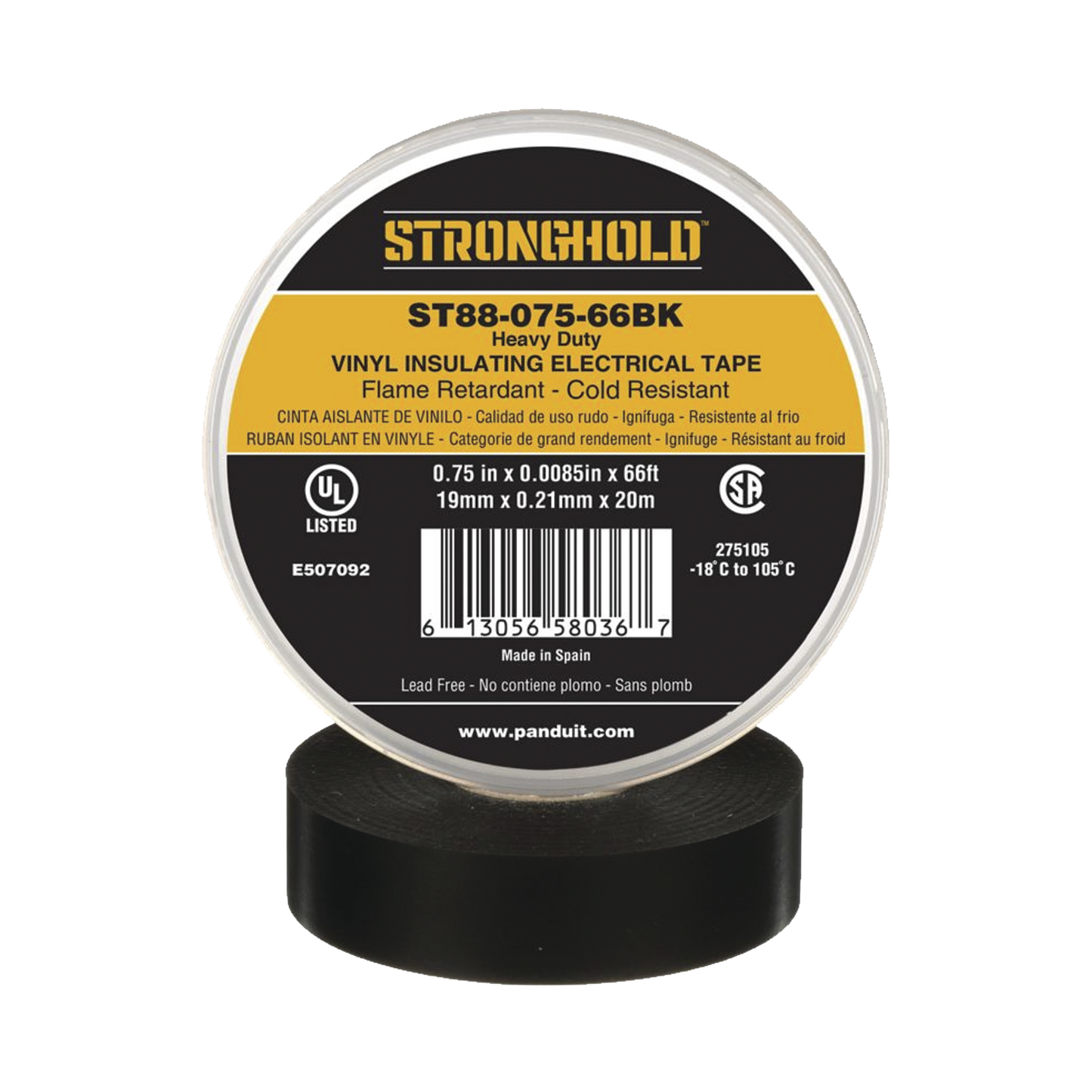 Cinta Eléctrica STRONGHOLD para Aislar, de PVC, Trabajo Pesado Eléctrico Industrial (Soporta abrasión, UV, agua, aceite y corrosión), Grosor de 0.21 mm (8.5 mil), Ancho de 19 mm, y 20 m de Largo, Uso Interior/Exterior, Color Ne