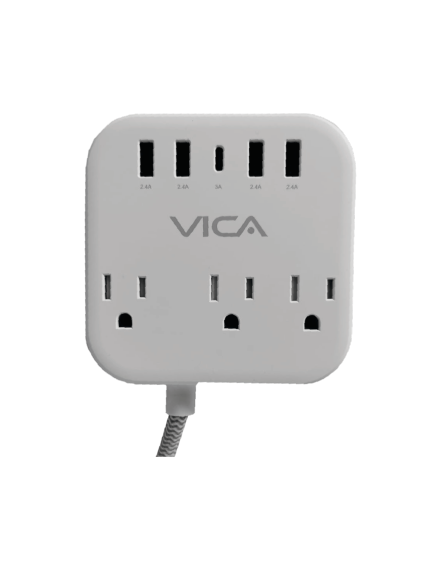 Centro Multicontacto con Puertos USB 7P, toma corriente con 3 tomas NEMA 5-15R, 3 puertos USB-A y 1 puerto USB-C.