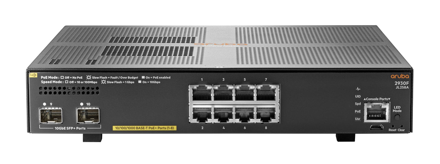 Switch Aruba JL258A Gigabit Ethernet 2930F 8G PoE+ 2SFP+, 8 Puertos PoE+ 10/100/1000Mbps + 2 Puertos SFP+, 56 Gbit/s, 32.768 Entradas - Gestionado