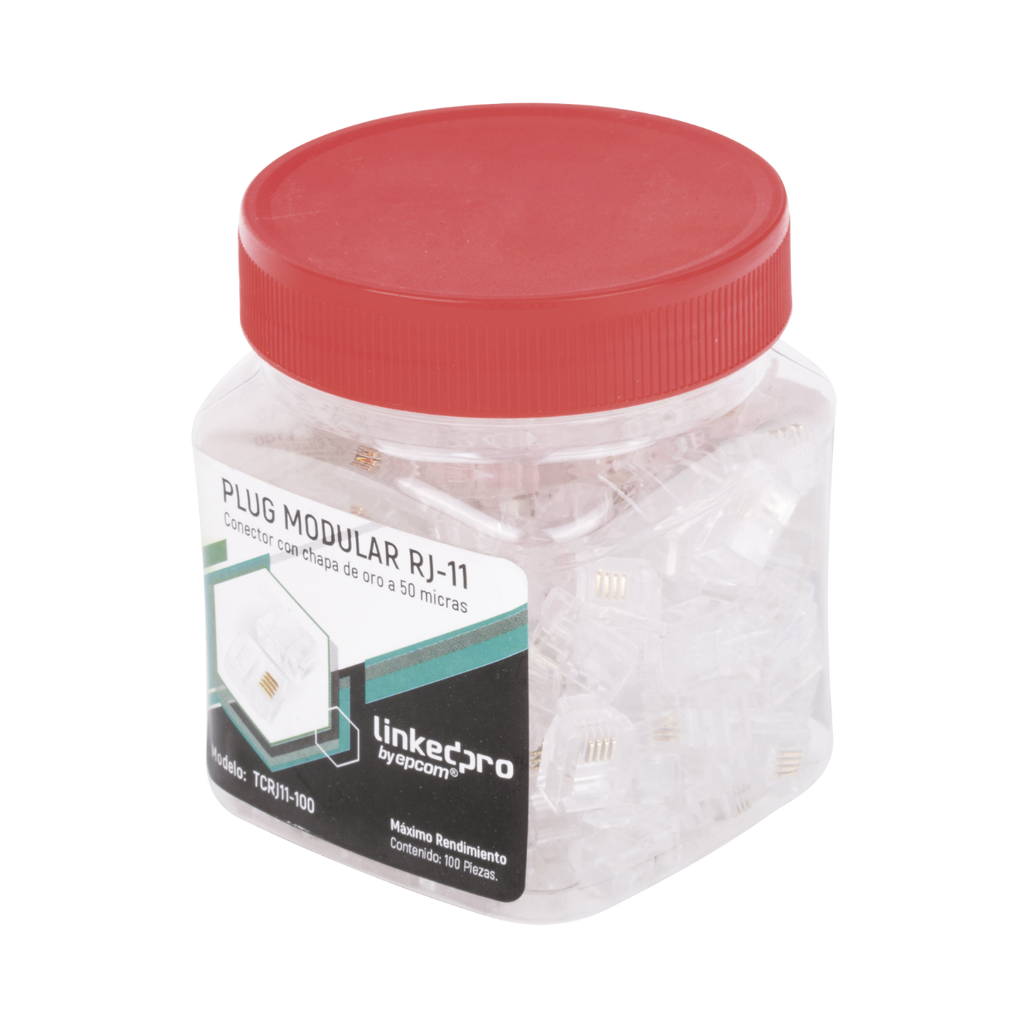 Bote con 100 piezas de plug modular tipo RJ11 de 4 contactos chapado de oro a 50 micras