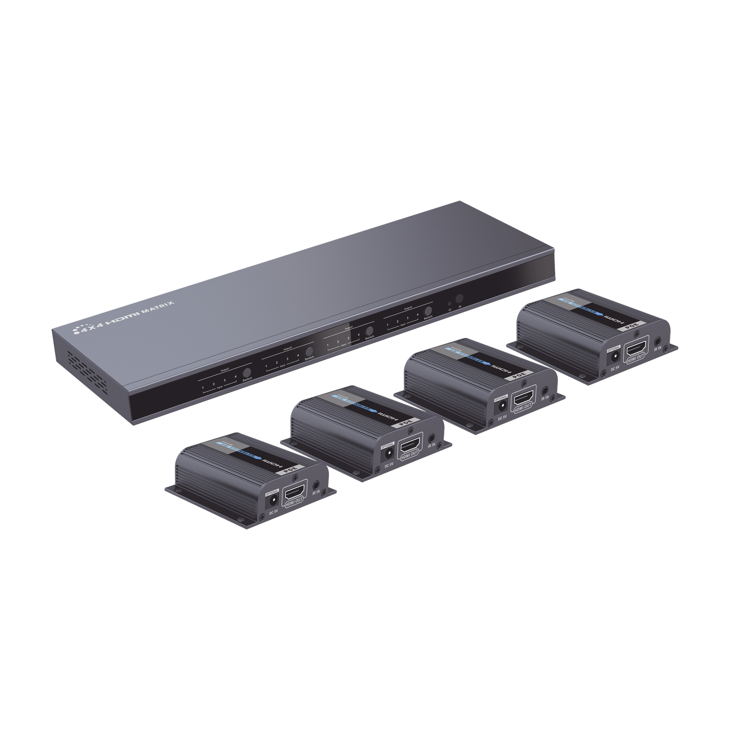 MATRICIAL Y EXTENSOR DE VIDEO HDMI 4 x 4 / 4 Entradas HDMI / 4 Salidas HDMI Loop / 4 Salidas RJ45 para Extender la señal 40 metros por salida / 1080 @ 60Hz / Conmutación por RS232, Control Remoto o Ethernet.