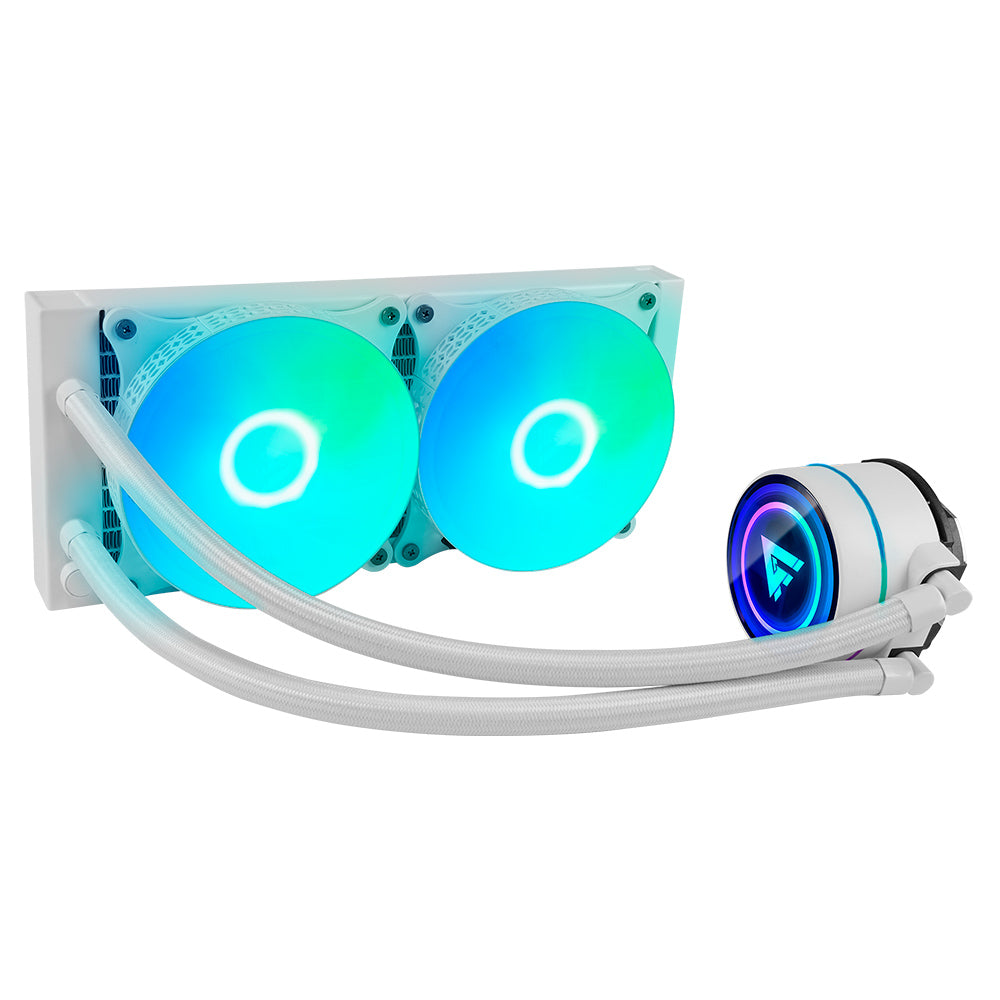 Enfriamiento Liquido. Gamer Factor LQG601. 240MM, RGB, TDP 250W, 2 fan 120mm 70 CFM, blanco.