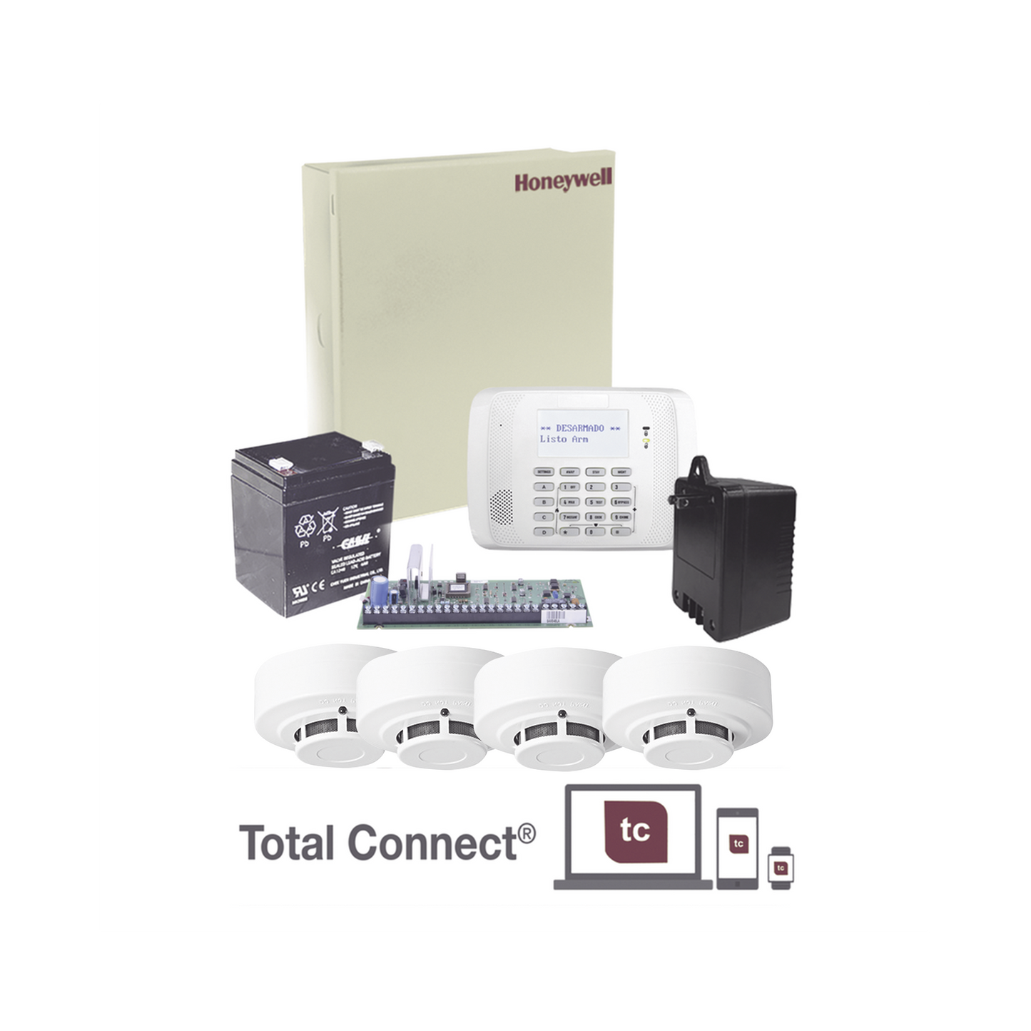 Kit de Panel de Alarma VISTA48LA con Gabinete, Batería y Transformador / 4 Sensores de humo