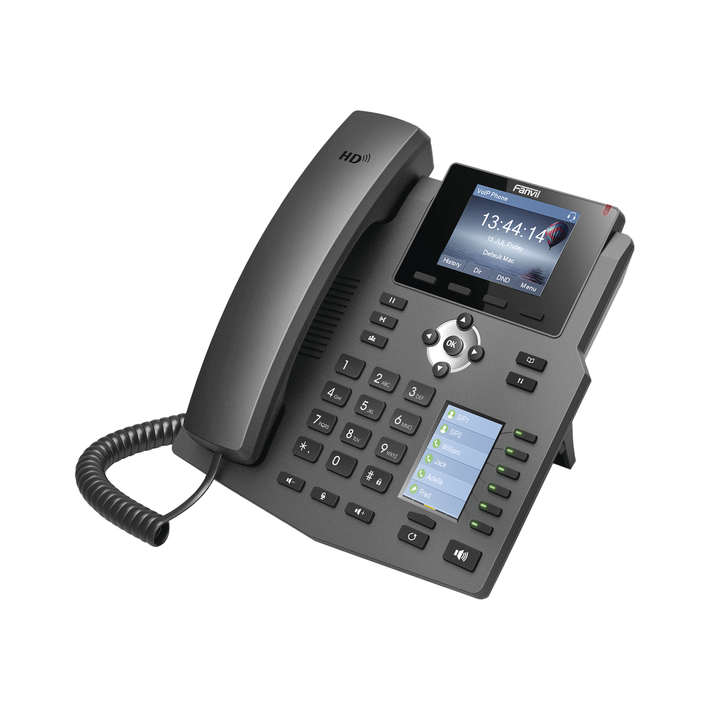 Teléfono IP empresarial para 4 lÃneas SIP con 2 pantallas LCD, 6 teclas BLF/DSS, conferencia de 3 vÃas, PoE