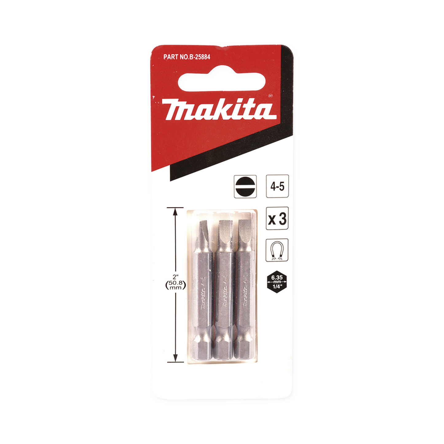 Punta plana para atornillar de 4-5 x 50 mm forma “Eâ€, zanco tipo hexagonal de 1/4" con punta magnética, blÃster con 3 piezas.