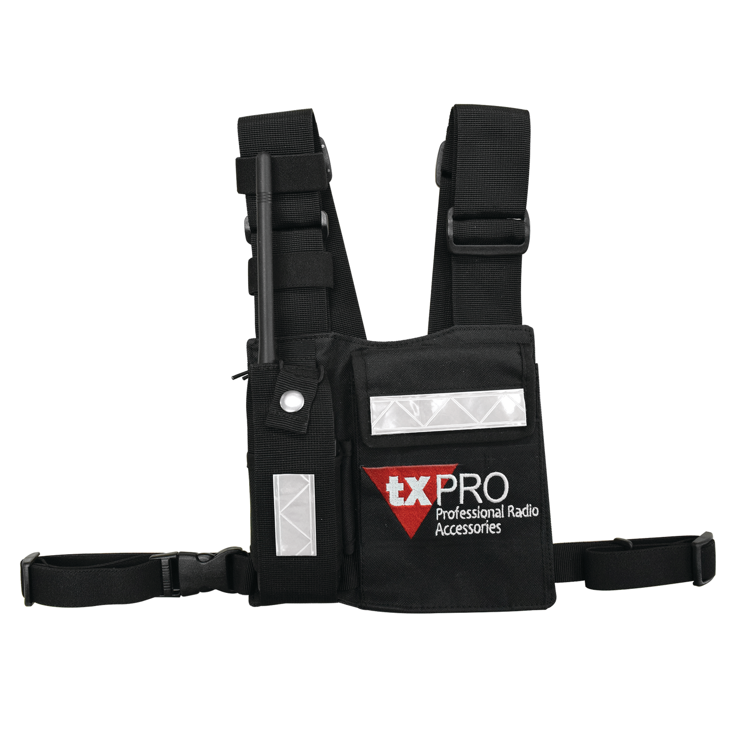 Pechera Universal con soporte para radio, sostén de bolÃgrafo y seguridad para la bolsa con cinta adherente. Logo TX-PRO.