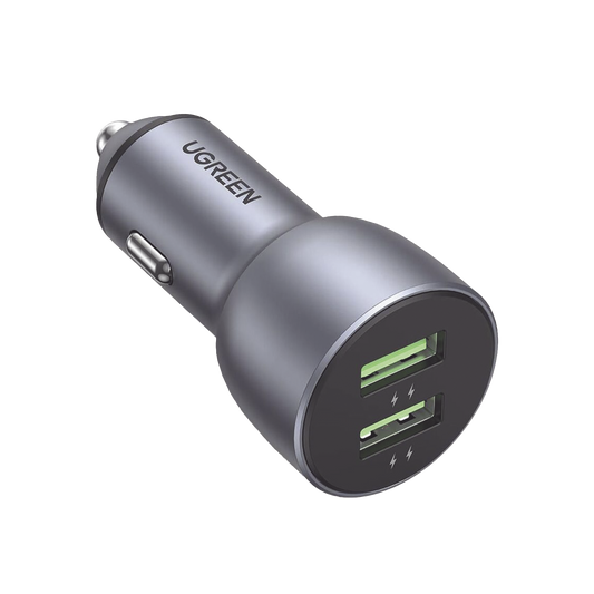 Cargador de Auto 36W / 2 Puertos USB-A / Carga Rápida / Compatible con Vehículos de 12 y 24 VCD / PD3.0 + QC3.0 / Chip Inteligente / Diseño Compacto / Mayor Eficiencia Energética / Aleación de Aluminio.