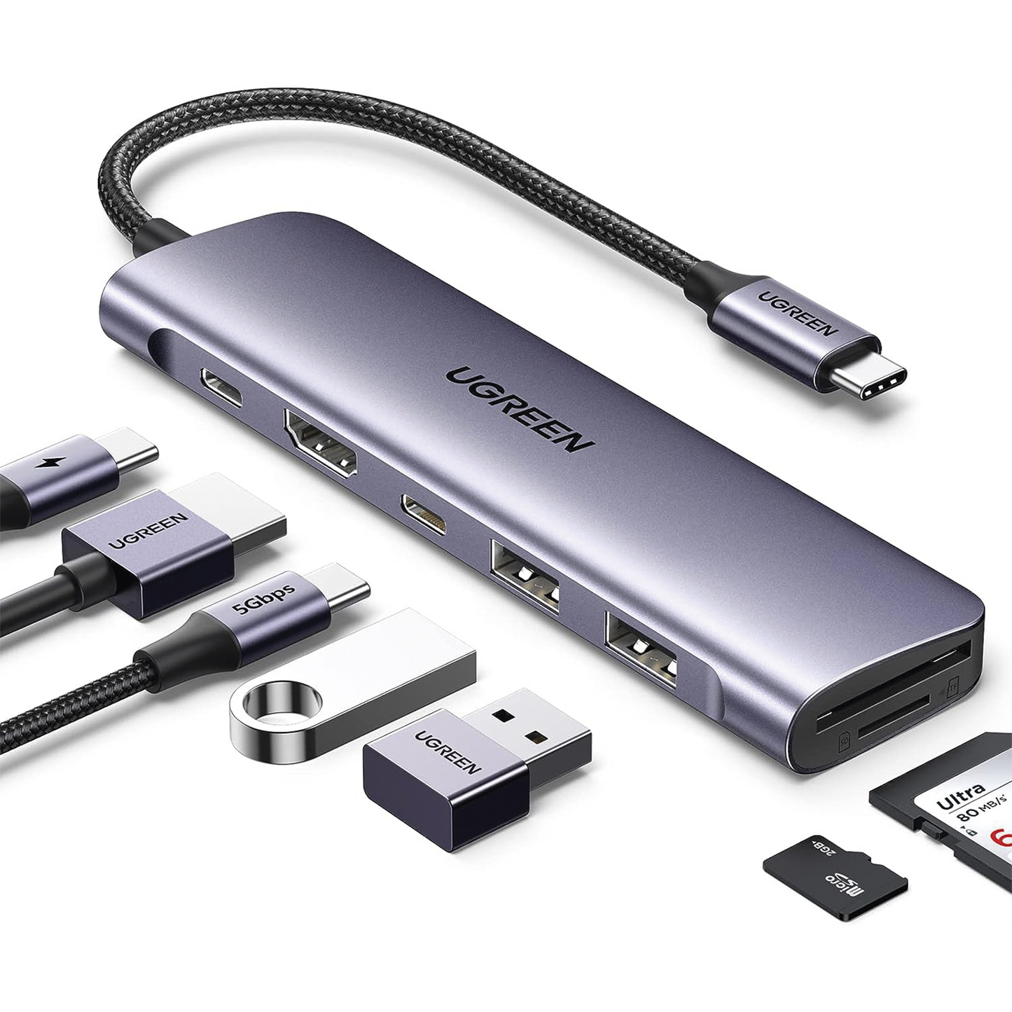 HUB USB-C (Docking Revodok) 7 en 1 | 2 USB-A 3.0 | 1 USB-C 3.0 (5Gbps) | 1 USB-C PD Carga 100W | HDMI 4K | Lector Tarjetas SD + Micro SD (TF) Uso SimultÃ¡neo | Chip de Ãšltima GeneraciÃ³n | Cable de Nylon Trenzado | Caja de Aluminio.