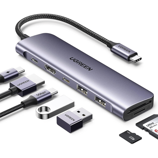 HUB USB-C (Docking Revodok) 7 en 1 | 2 USB-A 3.0 | 1 USB-C 3.0 (5Gbps) | 1 USB-C PD Carga 100W | HDMI 4K | Lector Tarjetas SD + Micro SD (TF) Uso SimultÃ¡neo | Chip de Ãšltima GeneraciÃ³n | Cable de Nylon Trenzado | Caja de Aluminio.