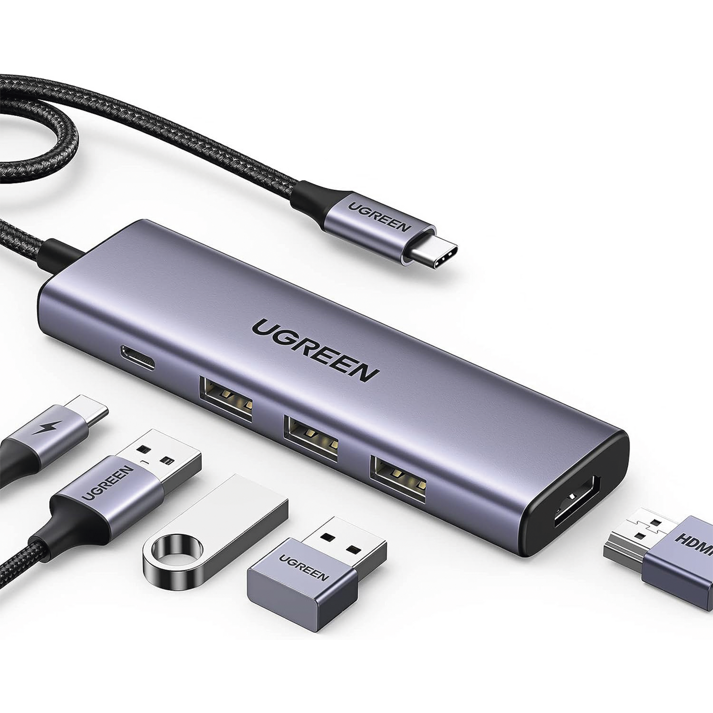 HUB USB-C (Docking Station) 5 en 1 | HDMI 2.0 4K@30Hz | 3 USB-A 3.0 (5Gbps) | USB-C PD Carga 100W | Potente DisipaciÃ³n de Calor | Chip de Ultima GeneraciÃ³n | Cable de Nylon Trenzado de 25 cm | Carcasa de Aluminio.