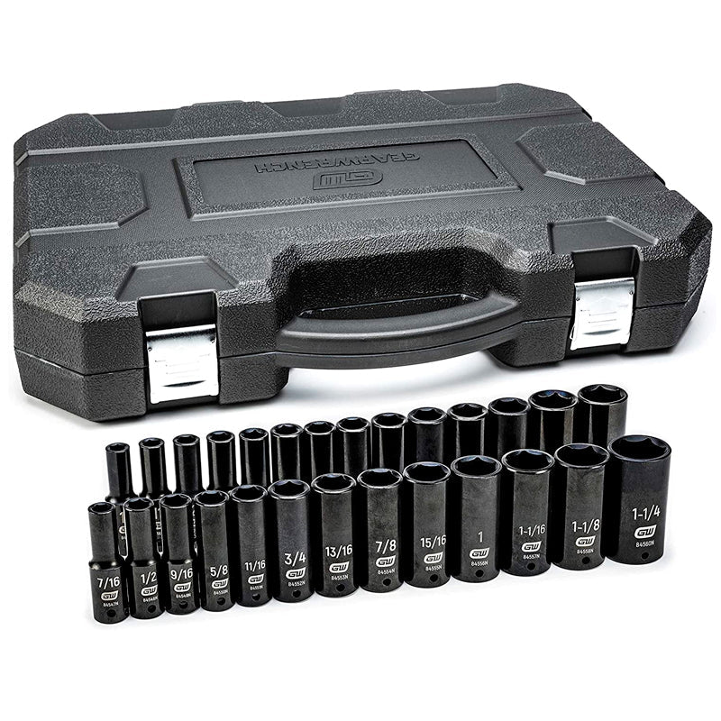 Juego de dados métricos con 27 piezas/SAE de impacto profundo de 6 puntos con impulsor de 1/2″