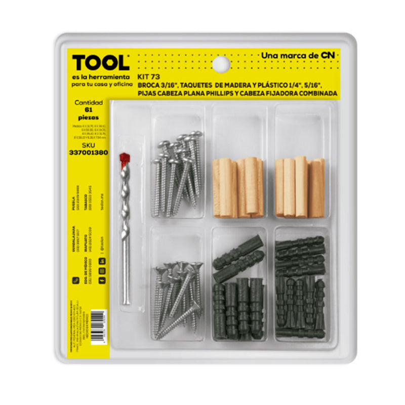 Kit73 De Broca 3/16″ Pijas 8X1 1/2″ Y Taquetes de Madera Y Plástico
