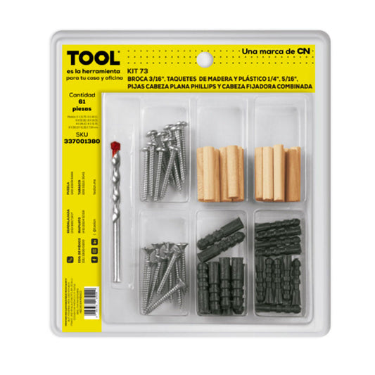 Kit73 De Broca 3/16″ Pijas 8X1 1/2″ Y Taquetes de Madera Y Plástico