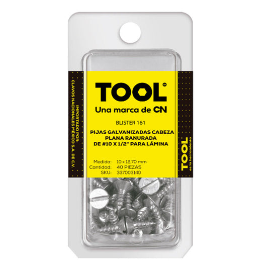 Blíster 161 Pija Para Lámina Cabeza Plana Ranurada Galvanizada #10X1/2″ Con 40 Piezas