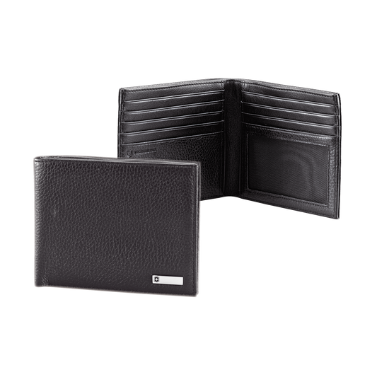 Cartera Barcelona Negra de Piel Rugosa de Doble Pliegue y Divisor de Billetes. Pocket Wallet.