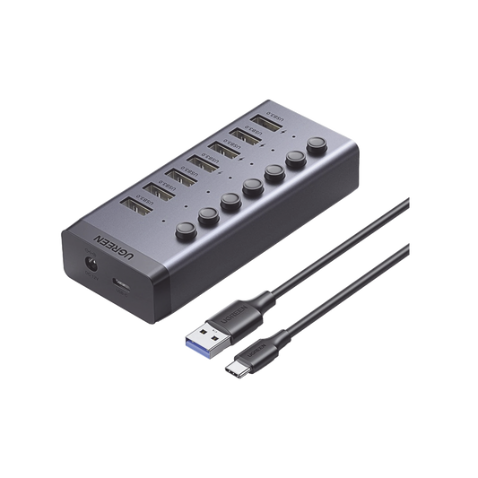 HUB de 7 Puertos USB 3.0  / 4 puertos de Carga Inteligente / Interruptor Individual / Indicadores LED / USB 3.0 a 5Gbps / 1 USB-C Hembra (solo datos) / Incluye Adaptador de Corriente 12V 2A / 7 en 1