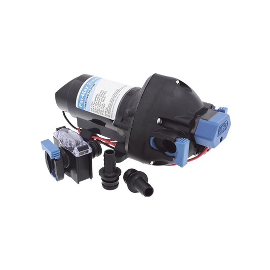 Bomba controlada por presiÃ³n Par Max a 12 Vcd, caudal de 2 GPM, presiÃ³n mÃ¡xima 35 psi, para manguera de entrada con orificio de 38 mm (1Â½â€), manguera de descarga con orificio de 25 mm (1â€)