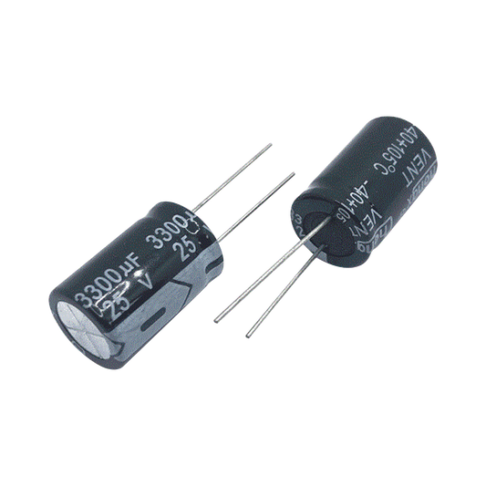 Capacitor ElectrolÃ­tico de Aluminio, Radial de 3300 ÂµFd, 25 Vcc, 105 Â°C, 18 x 25 mm.