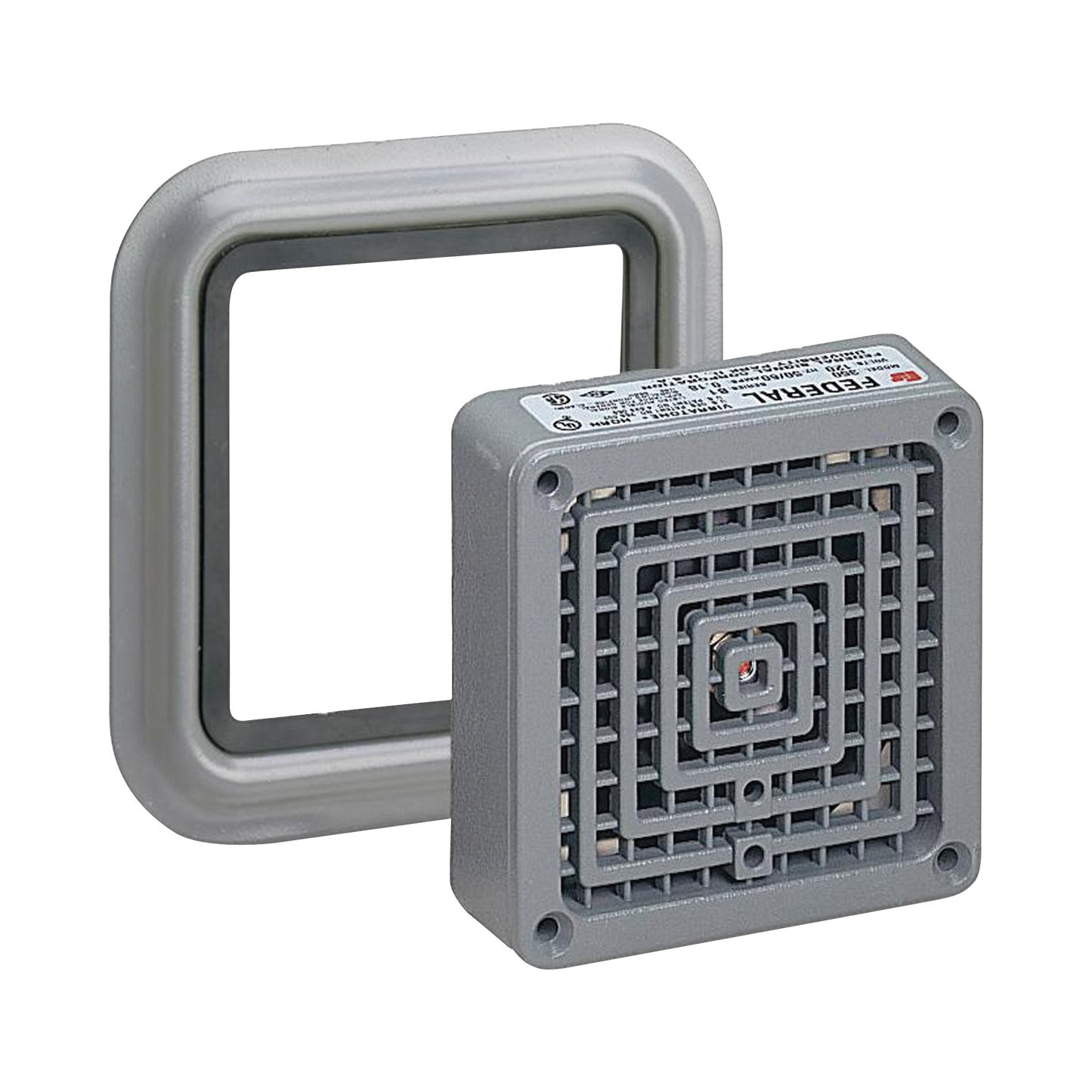 Bocina VibratoneÂ® con placa de ajuste de hasta 110 dB, Listado por UL y cUL, 24 VCA, Color Gris