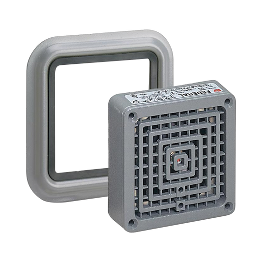 Bocina VibratoneÂ® con placa de ajuste de hasta 110 dB, Listado por UL y cUL, 24 VCA, Color Gris