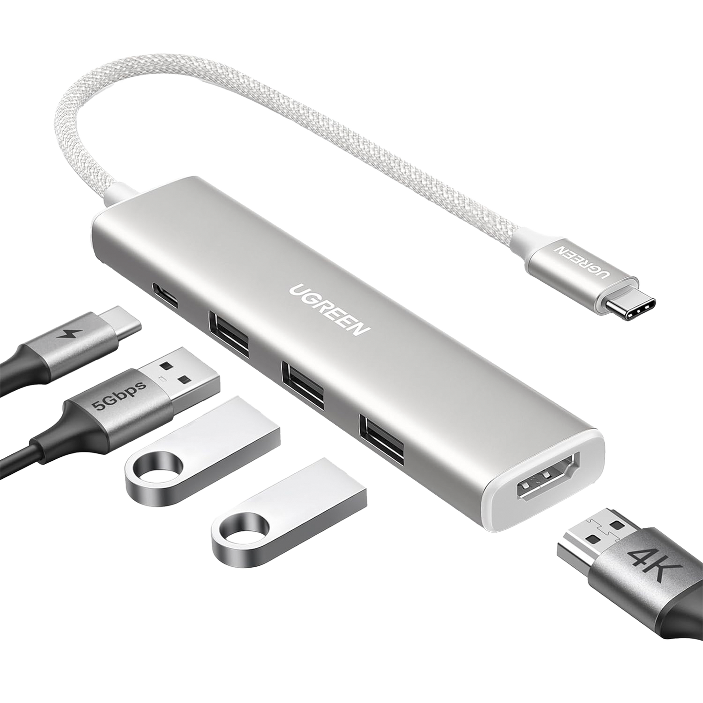 HUB USB-C (Docking Revodok) 5 en 1 | HDMI 2.0 4K@30Hz | 3 USB-A 3.0 (5Gbps) | USB-C PD Carga 100W | Chip de Ãšltima GeneraciÃ³n | Cable de Nylon Trenzado de 25 cm | Carcasa de Aluminio | Color Blanco.