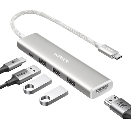 HUB USB-C (Docking Revodok) 5 en 1 | HDMI 2.0 4K@30Hz | 3 USB-A 3.0 (5Gbps) | USB-C PD Carga 100W | Chip de Ãšltima GeneraciÃ³n | Cable de Nylon Trenzado de 25 cm | Carcasa de Aluminio | Color Blanco.