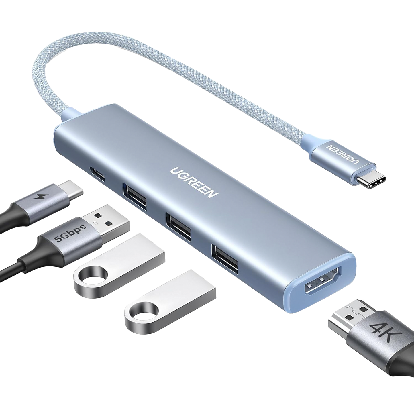 HUB USB-C (Docking Revodok) 5 en 1 | HDMI 2.0 4K@30Hz | 3 USB-A 3.0 (5Gbps) | USB-C PD Carga 100W | Chip de Ãšltima GeneraciÃ³n | Cable de Nylon Trenzado de 25 cm | Carcasa de Aluminio | Color Azul.