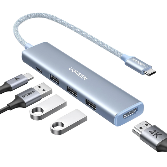 HUB USB-C (Docking Revodok) 5 en 1 | HDMI 2.0 4K@30Hz | 3 USB-A 3.0 (5Gbps) | USB-C PD Carga 100W | Chip de Ãšltima GeneraciÃ³n | Cable de Nylon Trenzado de 25 cm | Carcasa de Aluminio | Color Azul.
