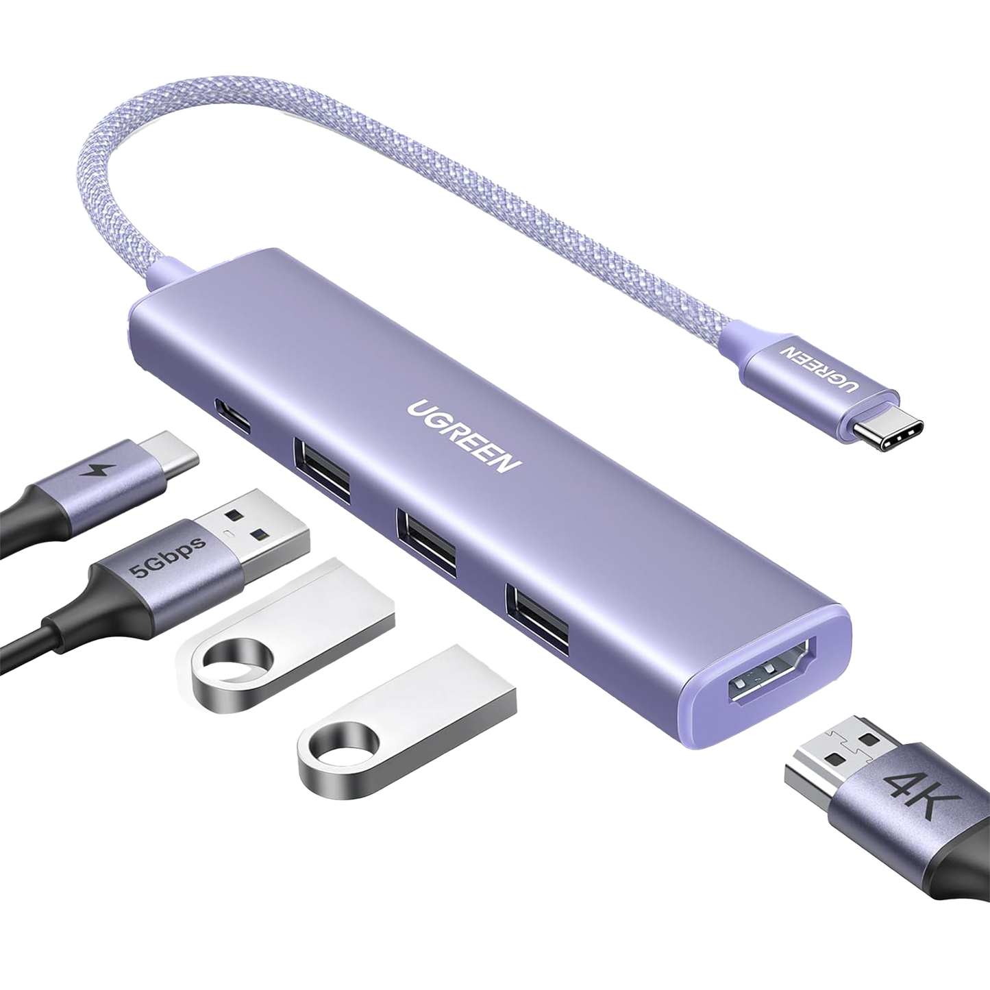HUB USB-C (Docking Revodok) 5 en 1 | HDMI 2.0 4K@30Hz | 3 USB-A 3.0 (5Gbps) | USB-C PD Carga 100W | Chip de Ãšltima GeneraciÃ³n | Cable de Nylon Trenzado de 25 cm | Carcasa de Aluminio | Color Morado.