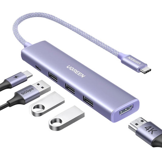 HUB USB-C (Docking Revodok) 5 en 1 | HDMI 2.0 4K@30Hz | 3 USB-A 3.0 (5Gbps) | USB-C PD Carga 100W | Chip de Ãšltima GeneraciÃ³n | Cable de Nylon Trenzado de 25 cm | Carcasa de Aluminio | Color Morado.