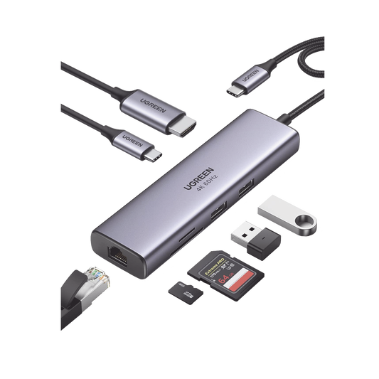 HUB USB-C (Docking Station) 7 en 1 | 2 USB-A 3.0 (5Gbps) | 1 USB-C PD Carga 100W | HDMI 4K@60Hz | RJ45 (Gigabit Ethernet) | Lector Tarjetas SD + Micro SD (TF) Uso SimultÃ¡neo | Cable de Nylon Trenzado | Caja de Aluminio.