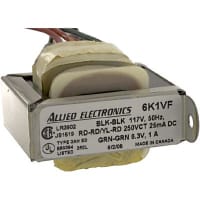 TRANSFORMADOR, PRI: 110-120V: 60HZ, 250VCT@25DCMA, 6.3V @1.0A, CONDUCE