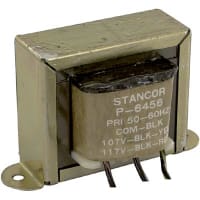 Transformador, energía, bobina, 1, Freq 50/60Hz, Pri 117/107VAC, Sec 6.3 (CT) VAC