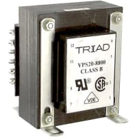 Transformador, energía, bobina, 1, Freq 50/60Hz, Pri 115/230VAC, Sec 10/20VAC, +30C