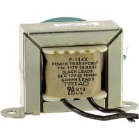 Transformador, energía, bobina, 1, Freq 50/60Hz, Pri 115VAC, Sec 12VAC, Sec 0.7A, UL