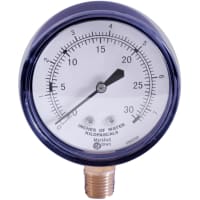 Manómetro, caja de acero de 2.5", montaje inferior de 1/4", 0-15" H2O