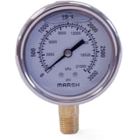 Manómetro, caja de acero inoxidable de 63 mm, relleno, latón int., 1/4" Mt. inferior, 0-100 psi