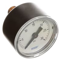 La galga de presión, análogo, 30 PSI, 1.5 " diámetro, 1/8 " NPT mueve hacia atrás el conectador, plástico negro