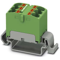 Bloque de distribución; Carril del estruendo; 6-positions; Empuje hacia adentro, resorte; 32A; 600V; 10-24 AWG; Gree