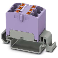 Bloque de distribución; Carril del estruendo; 6-positions; Empuje hacia adentro; Resorte; 32A; 600V; 10-24 AWG; Violeta